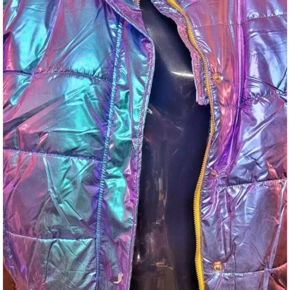 Metallic Blue Green Mermaid Color Change Cropped Puffer Yellow Drawstring Jacket - Picture 4 of 5